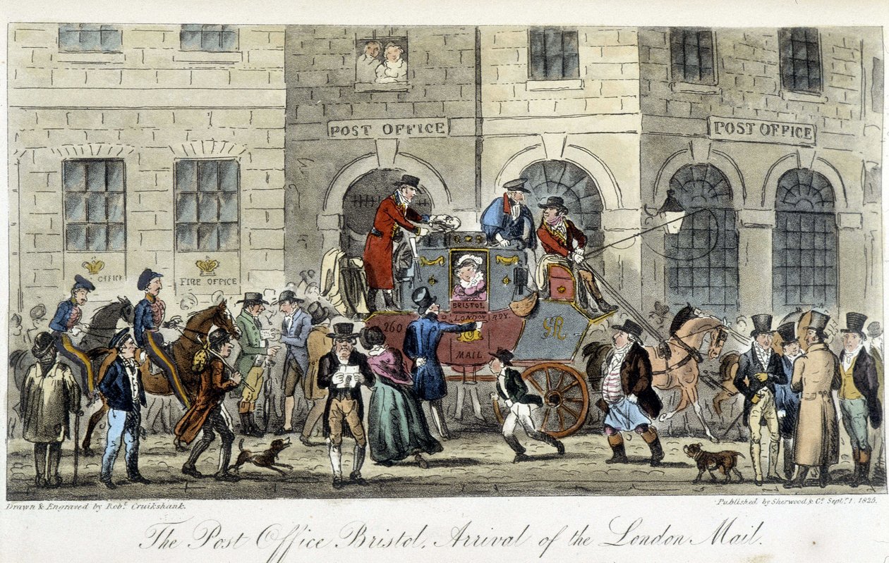 Londra'da Posta: The Post Office Bristol, Londra Postasının Gelişi - Charles Molloy Westmacott'un “” The English Spy” ında, Robert Cruikshank tarafından çizim, Londra baskısı by Isaac Robert Cruikshank