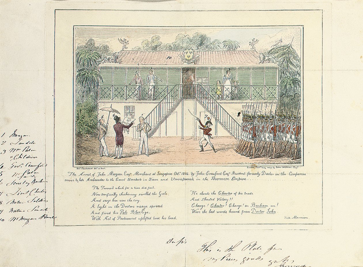 John Morgan, Av., Tüccar, Singapur, Ekim 1824, John Crawford Av., Yerleşik, Şirketler Hizmetinde Eski Doktor, Mahkemeye Geç Büyükelçi, Bangkok, Siam ve Umrapoorah, Burma İmparatorluğu, Mayıs 1827 by Isaac Robert Cruikshank
