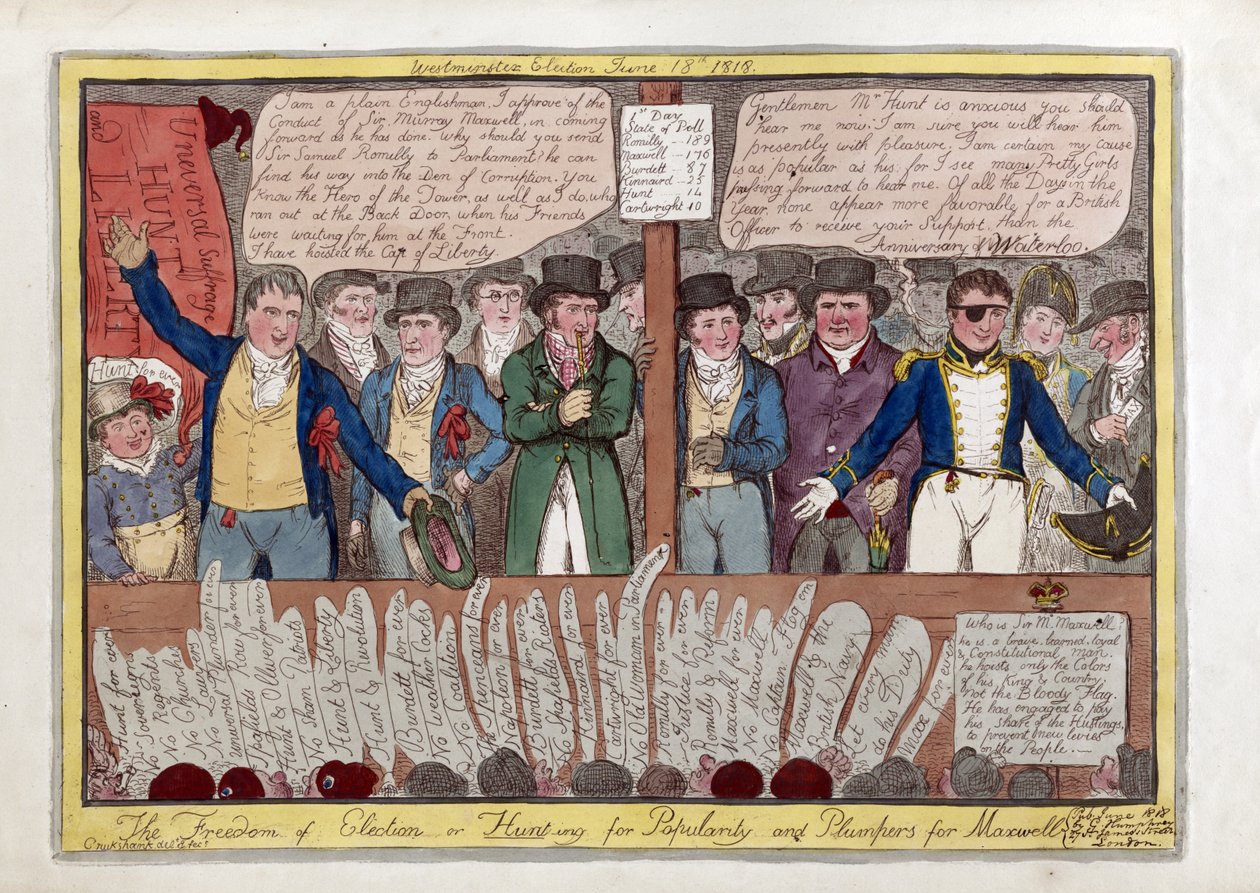 Seçim Özgürlüğü veya Popülarite için Avcılık ve Maxwell için Dolgunlaştırıcılar, pub. G. Humphrey, 1818 (el renkli gravür) by Isaac Robert Cruikshank