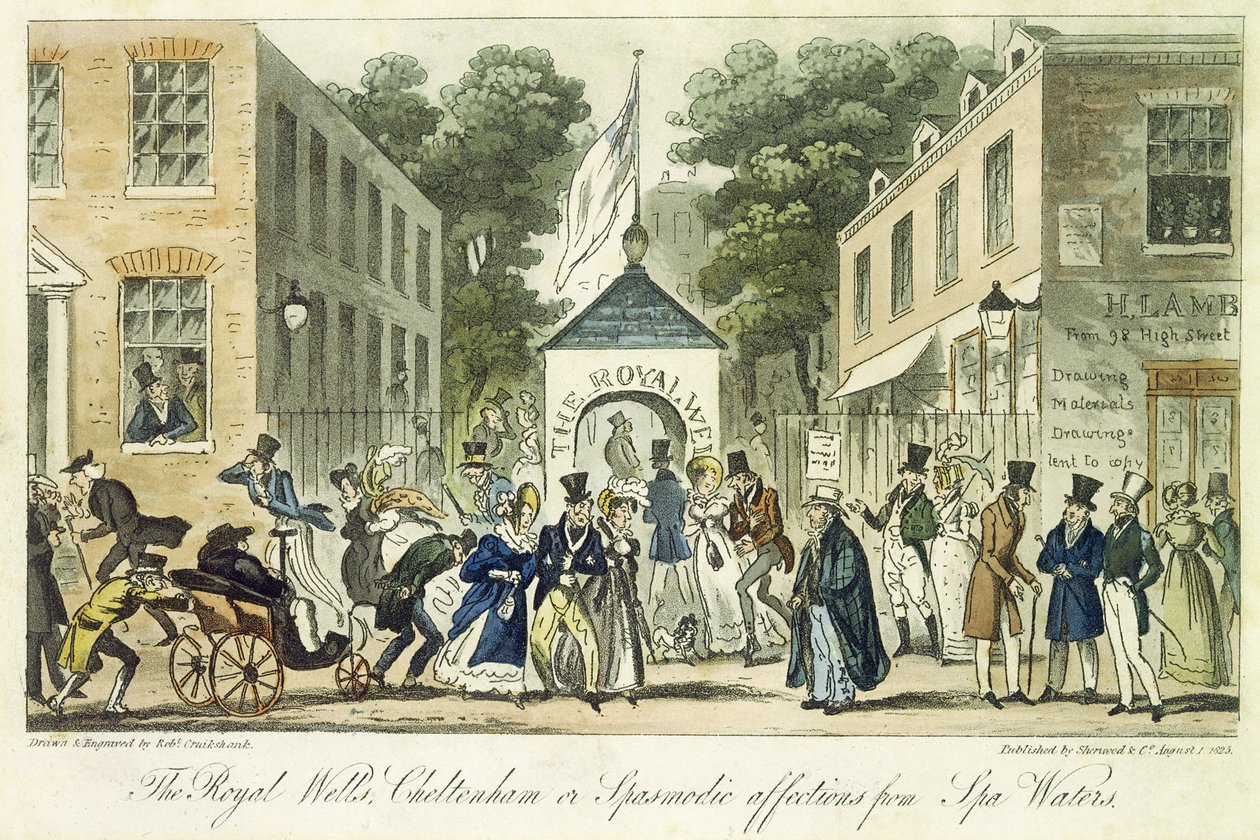 Kraliyet Kuyuları, Cheltenham veya Spa Suyu İçin Spazmodik Sevgiler, 1825 by Isaac Robert Cruikshank