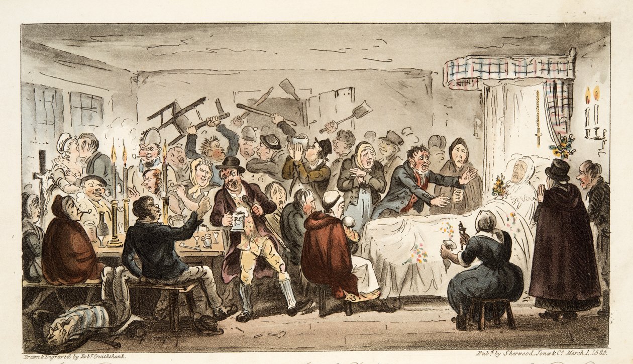 The Wake, - ya da The English Spy, pub'dan Kutsal Topraklarda bir sahne olan Teddy O'Rafferty'nin son görünümü. 1824 (el renkli gravür) by Isaac Robert Cruikshank