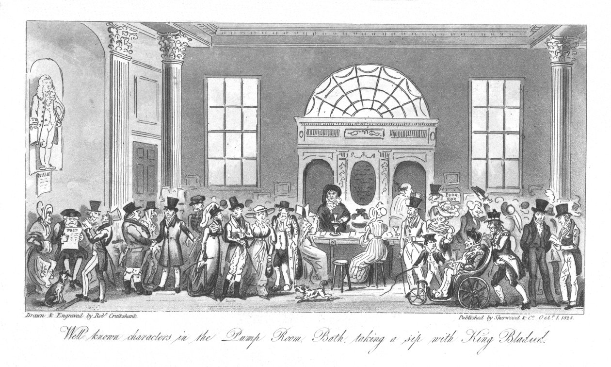 Pompa Odasında Tanınmış Karakterler, Bath, Kral Bladud ile bir yudum alırken, 1825 by Isaac Robert Cruikshank