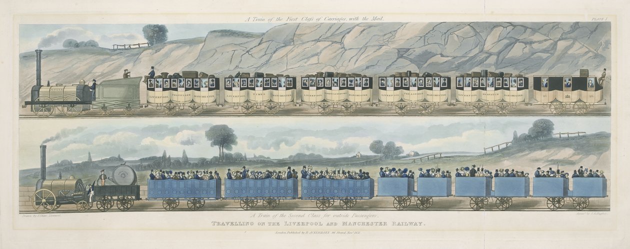 Liverpool ve Manchester Demiryolunda Seyahat: Posta ile Birinci Sınıf Arabaların Bir Treni ve Dış Yolcular için İkinci Sınıfın Bir Treni, S.G. Hughes, 1831 (aquati) tarafından kazınmıştır. by Isaac Shaw