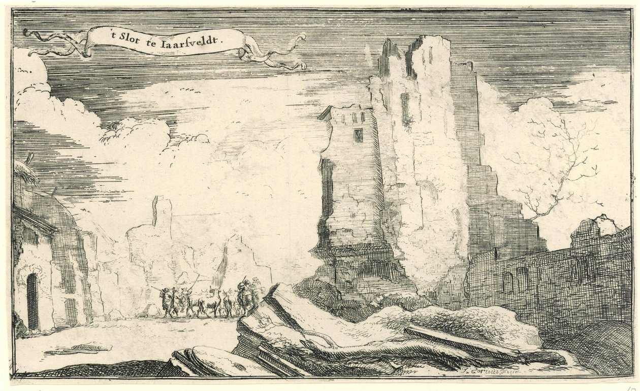 1672'de Fransızlar tarafından tahrip edilen Jaarsveld'deki kale Iaarsveldt'teki yuva (nesne üzerindeki başlık) 1672'de Fransızlar tarafından tahrip edilen Utrecht eyaletindeki köy ve kalelerin on üç görüntüsü (dizi başlığı) by Isaac Sorious