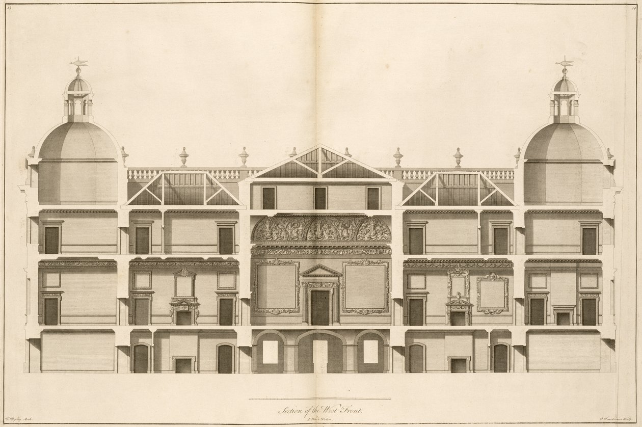 Houghton Hall: Batı cephesinin bir bölümü, Pierre Fourdrinier tarafından oyulmuş, 1735 (ayrıca bkz. 64902 ve 64903) by Isaac Ware