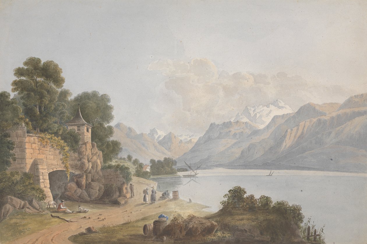 Göl, Kapı ve Figürlerle Dağlık Manzara by Isaac Weld