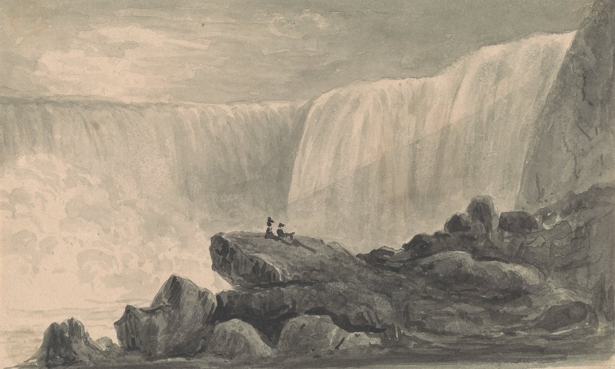 Bir Kaya Merkezi Ön Planında Oturan İki Figür ile Niagara Şelalelerinin Görünümü by Isaac Weld