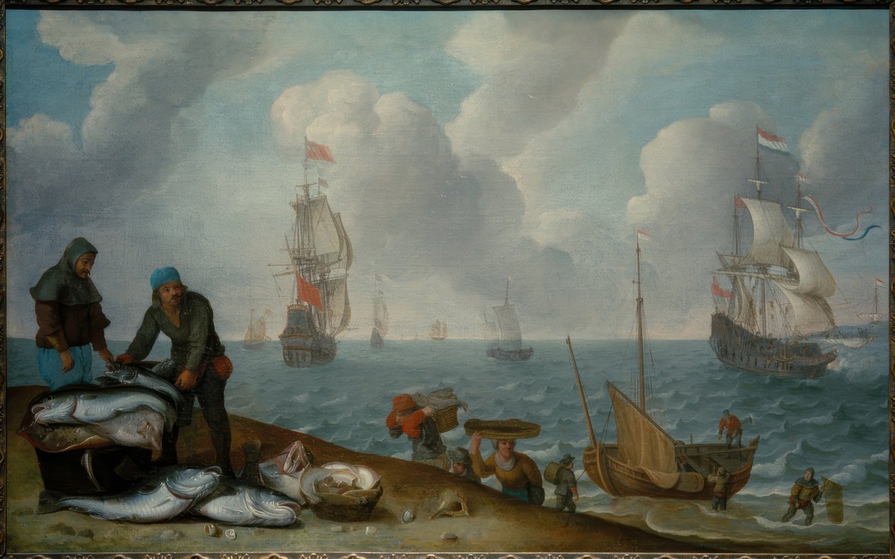 Sahilde avlanan balıkçılar, koyda savaş gemileri by Isaac Willaerts