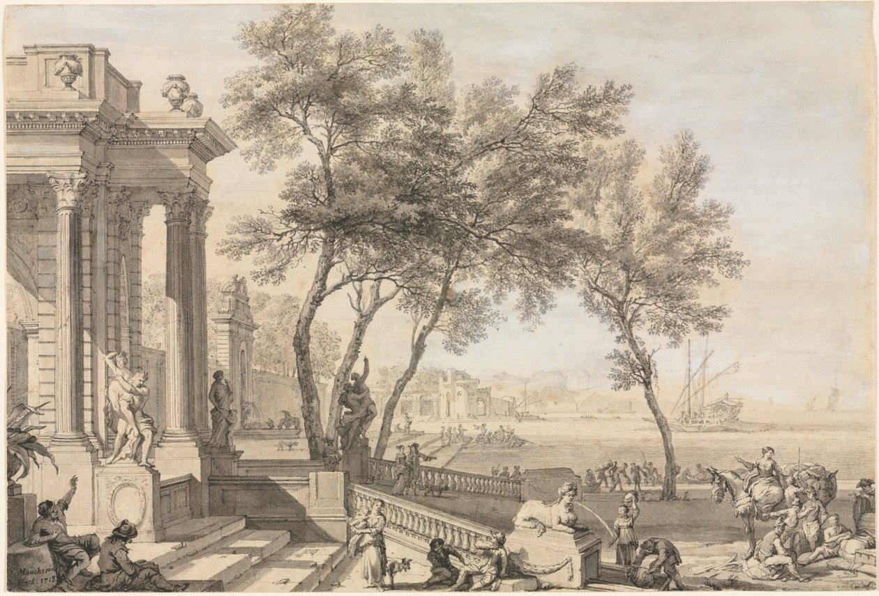 Mimari ve Figürlerle Fantastik Liman Sahnesi, 1713. by Isaac de Moucheron