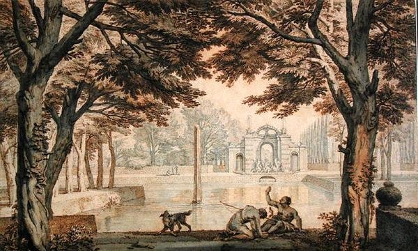 Bahçede fıskiyeli göl (kalem ve mürekkep ve kağıt üzerinde yıkama) by Isaac de Moucheron