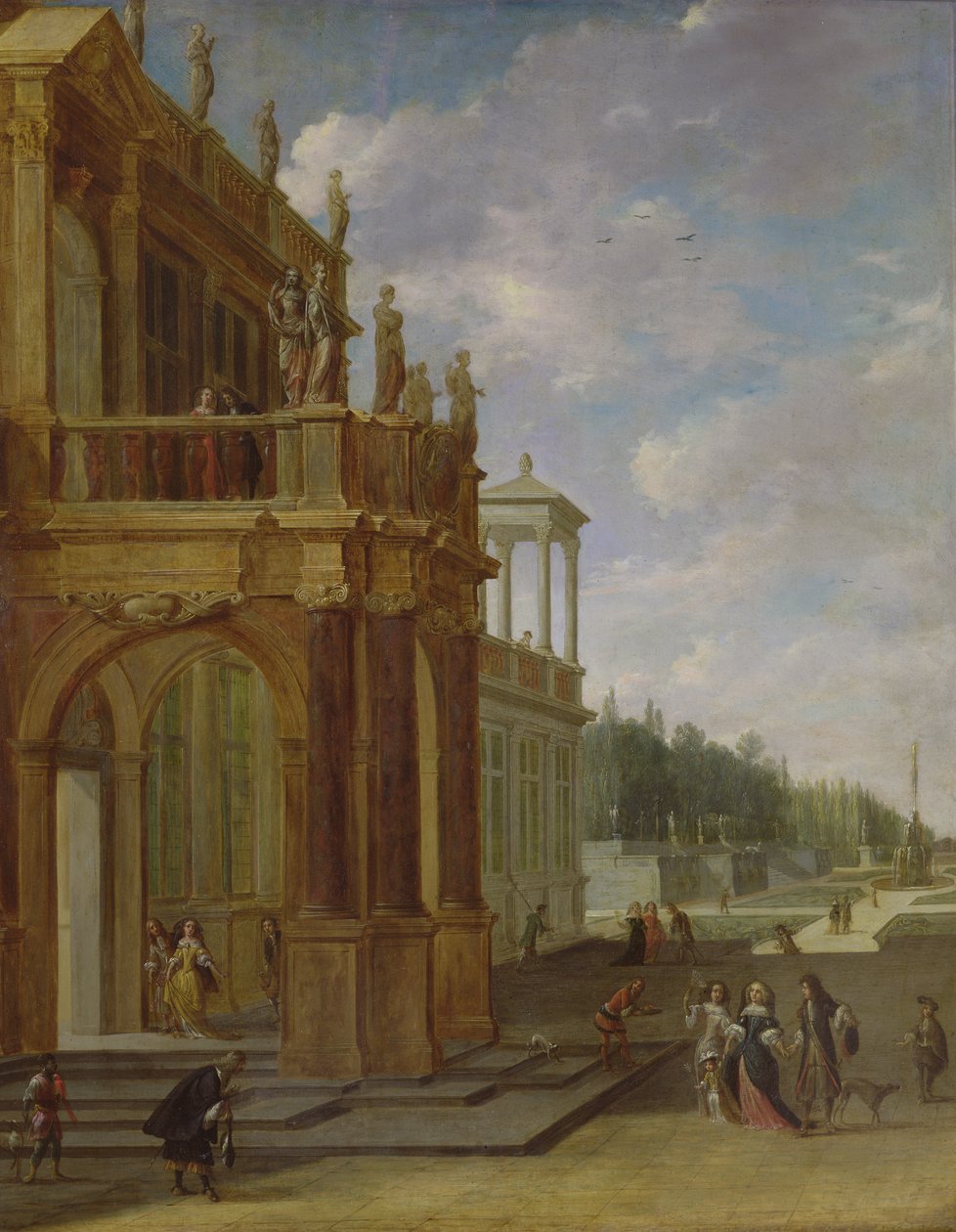 İnsanlar bir sarayın terasında by Isaac van Nickele