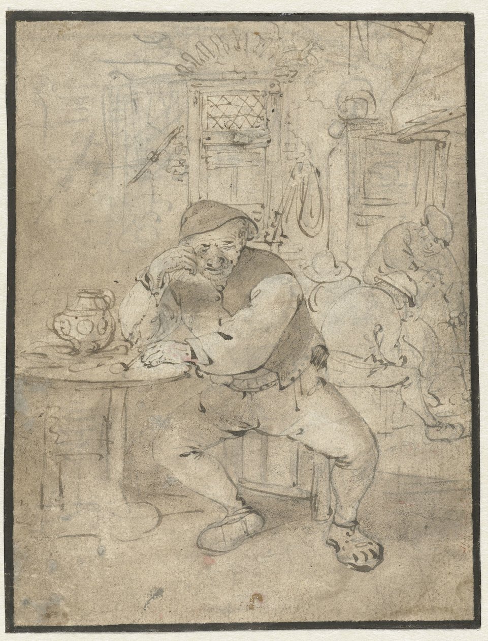 Bir masaya yaslanmış çiftçi oturuyor by Isaac van Ostade