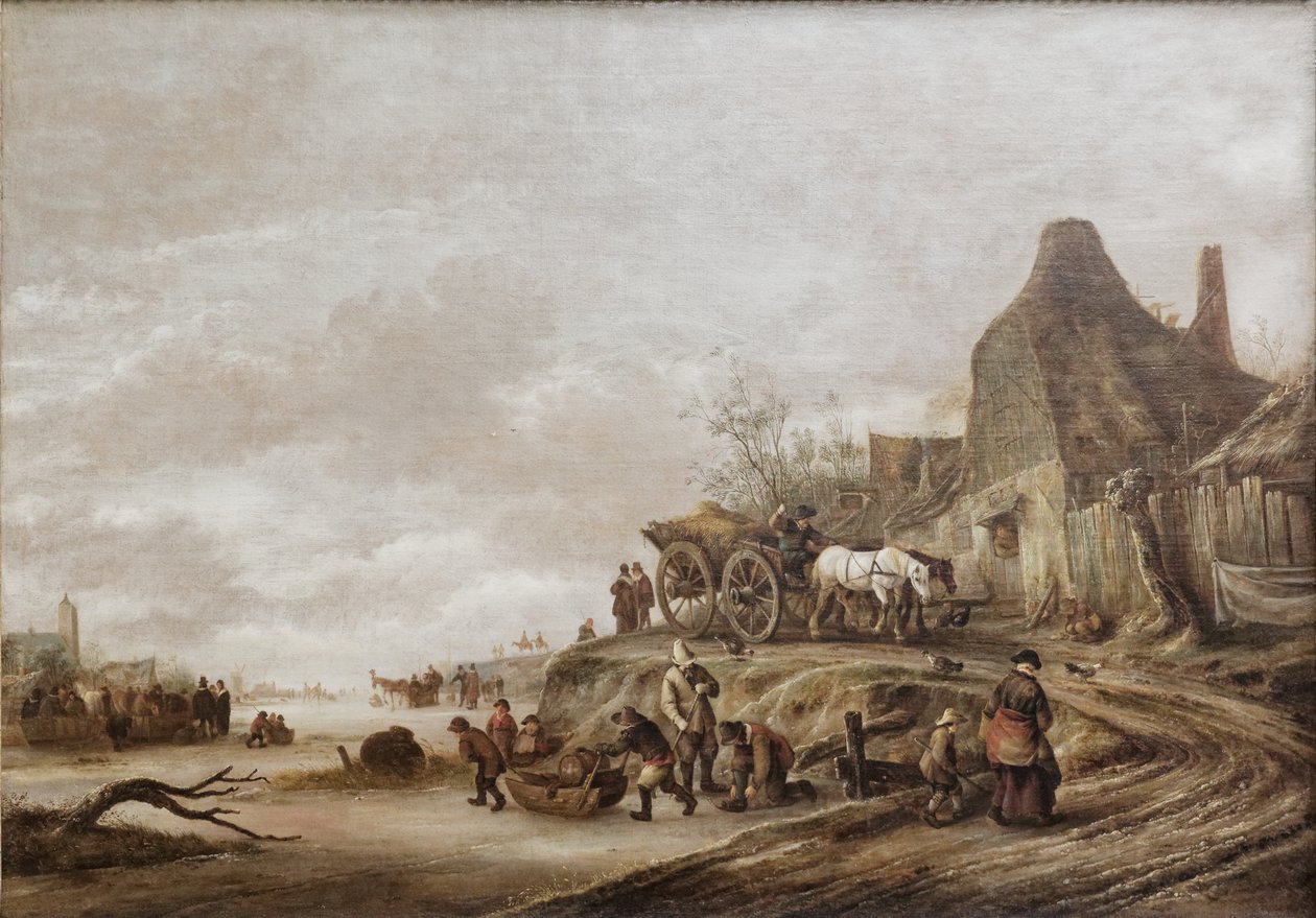 Isaack van Ostade - Bir yoldan inen araba ile donmuş kanal by Isaac van Ostade