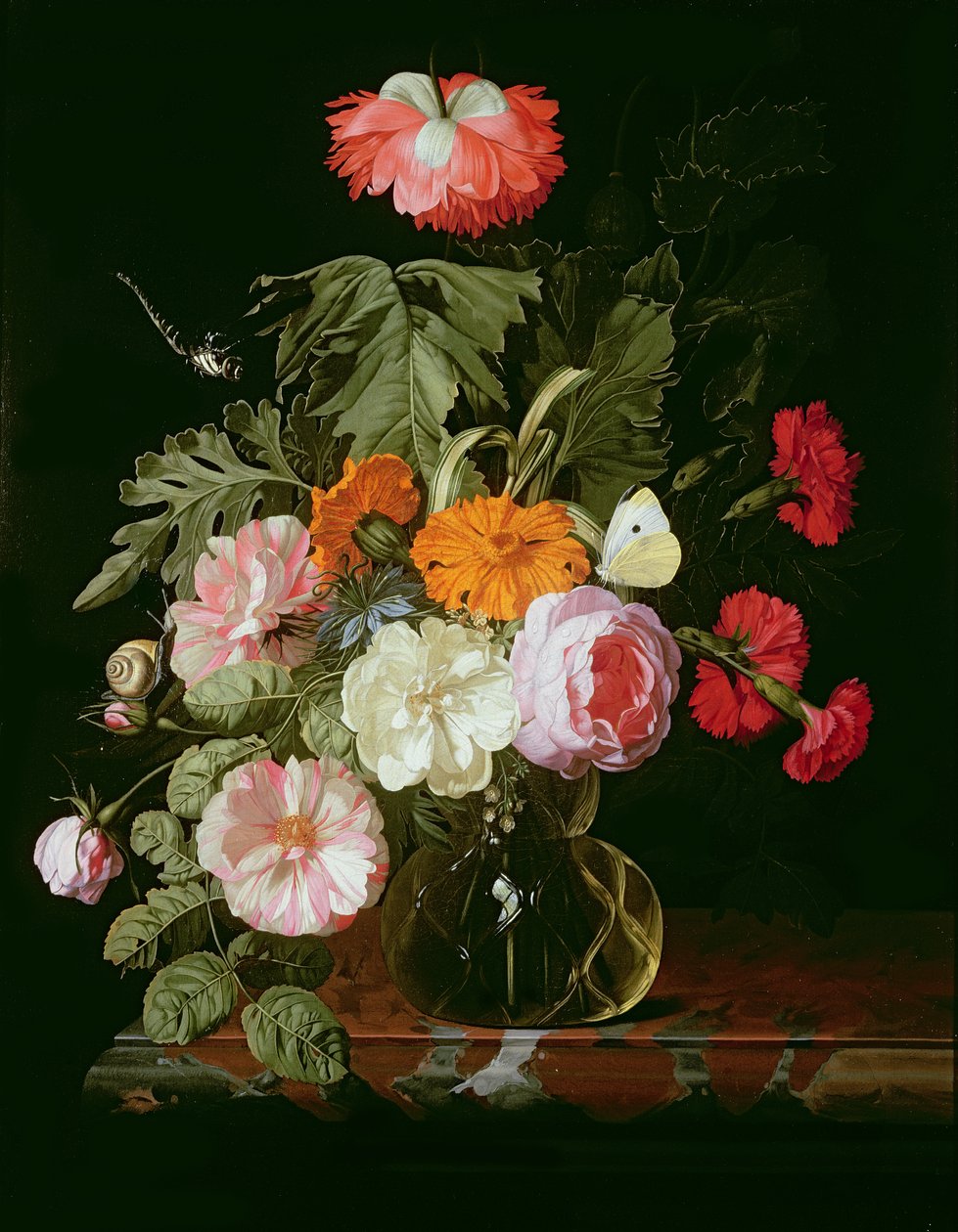 Roses, peonies and love-in-a-mist in a glass vase with a white butterfly by Isaak Denies
