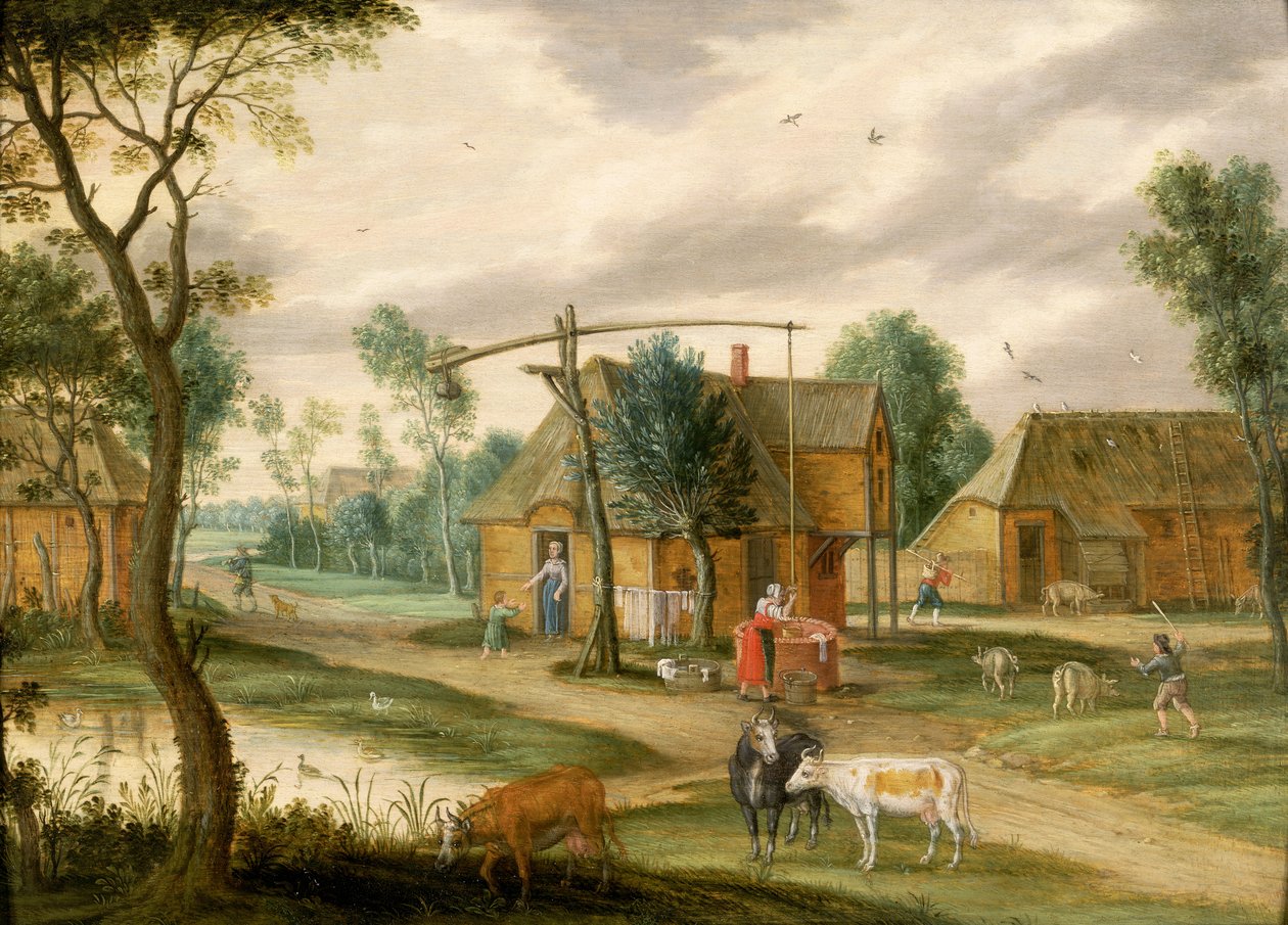 Bir kuyudan su çeken bir kadınla bir köy manzarası (panel) by Isaak van Oosten