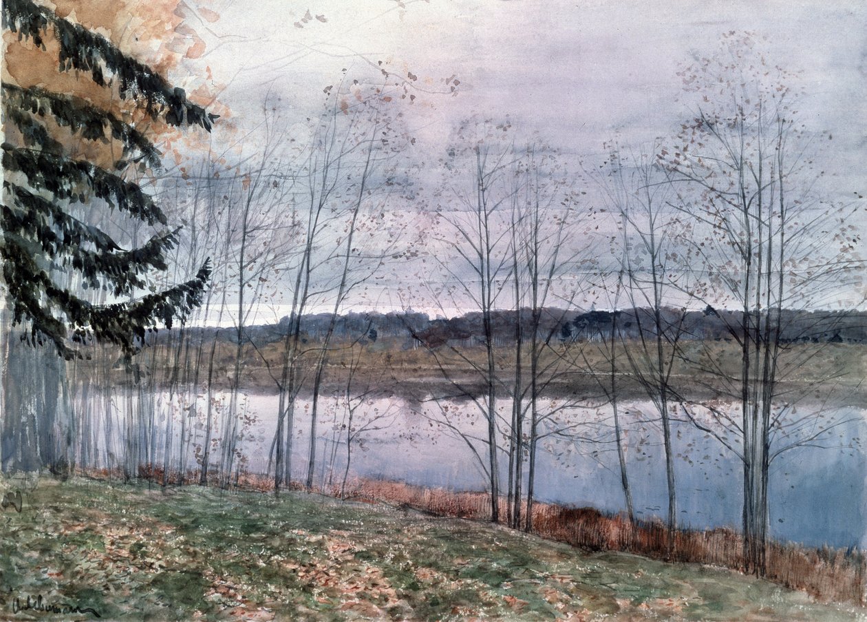 Sonbahar (Sonbahar). Çıplak ağaçların olduğu bir su yolunun kıyılarının tanımı. Isaac (Isaac) Ilyich Levitan