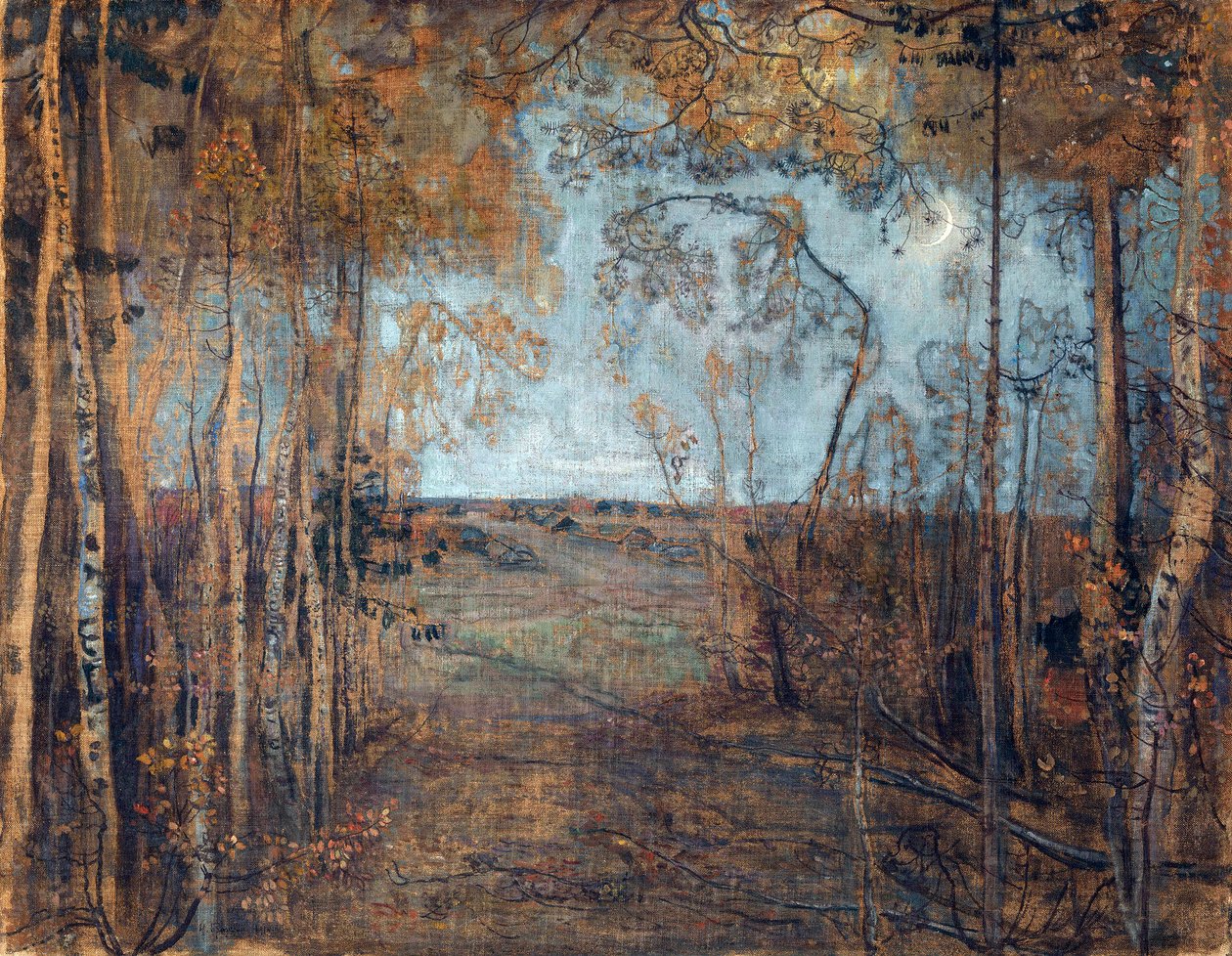 ""Yeni ay" (Yeni ay) Gece ahşap manzara Tablo Isaak Brodsky (1884-1939) Tuval üzerine yağlı boya 1912 Dim 62x80 cm Özel Koleksiyon by Isaak Israilevich Brodsky