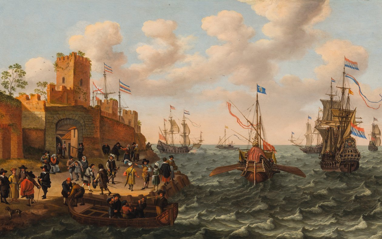 Bir Hollandalı Üç Usta ve Bir Papalık Kadırgası, Müstahkem Bir Kasabanın Sahili Boyunca Diğer Gemilerle, c.1662 (panelde yağ) by Isaak Willaerts