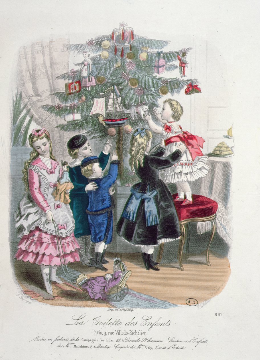 Noel Ağacını Süslemek, La Toilette des Enfants reklamı, P. Derfermeville tarafından kazınmış, 1872 by Isabelle Codouze