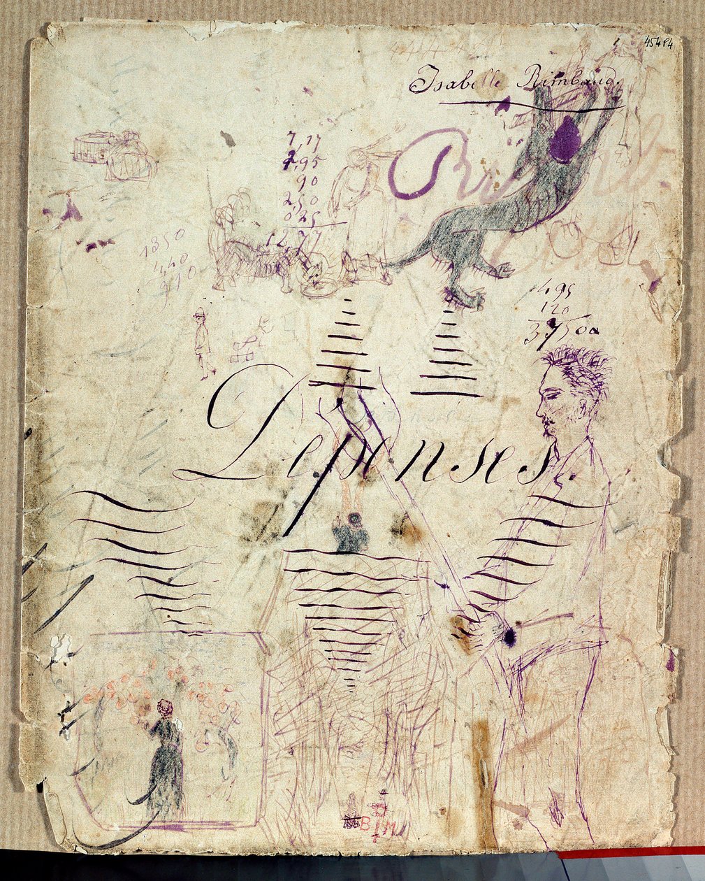 Arthur Rimbaud hasata yardım ediyor. Isabelle Rimbaud tarafından bir harcama kitabının taslakları üzerine mor mürekkeple çizim by Isabelle Rimbaud
