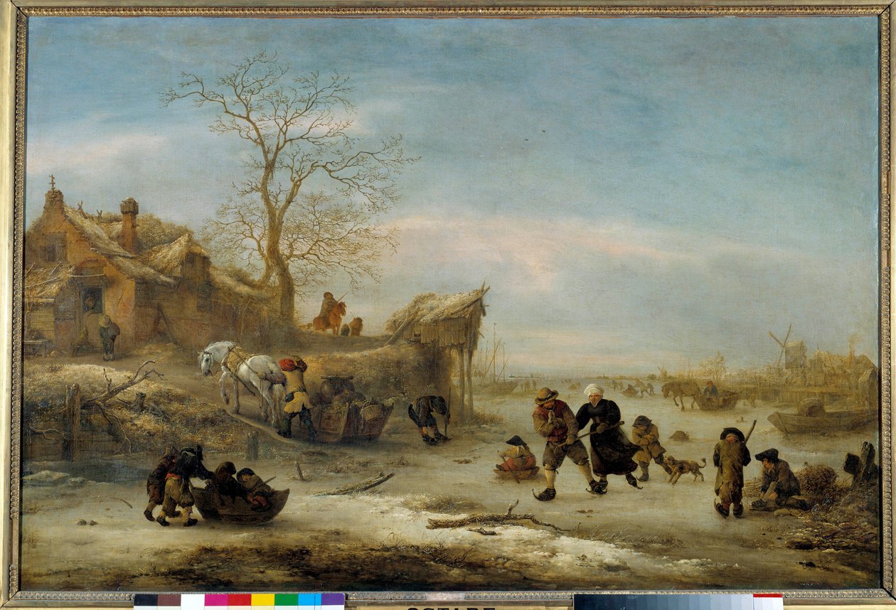 Isaak Van Ostade (1621-1649) tarafından çift patenle kanal jeli. 17. yüzyıl Güneşi. 1x1.49 m by Isack van Ostade