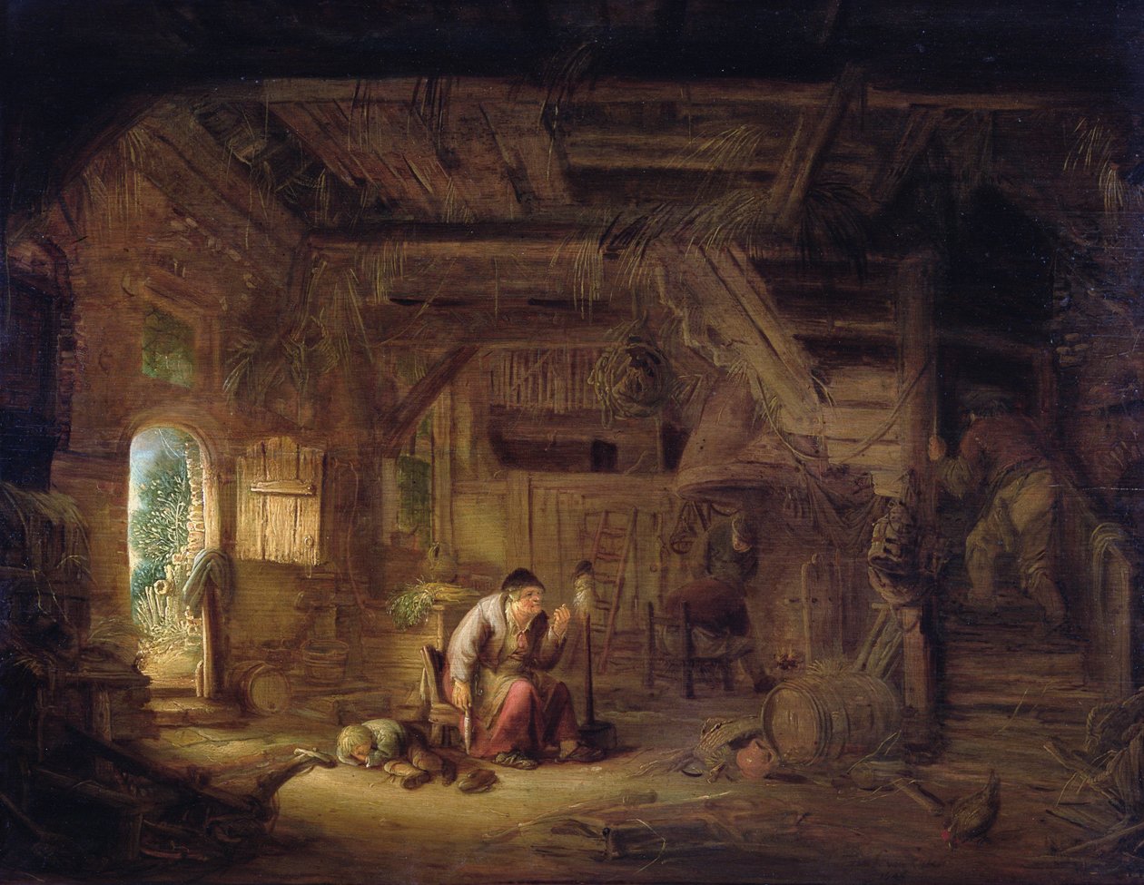 Uzakta yaşlı bir kadınla bir ahırın içi (panelde yağlı boya) by Isack van Ostade