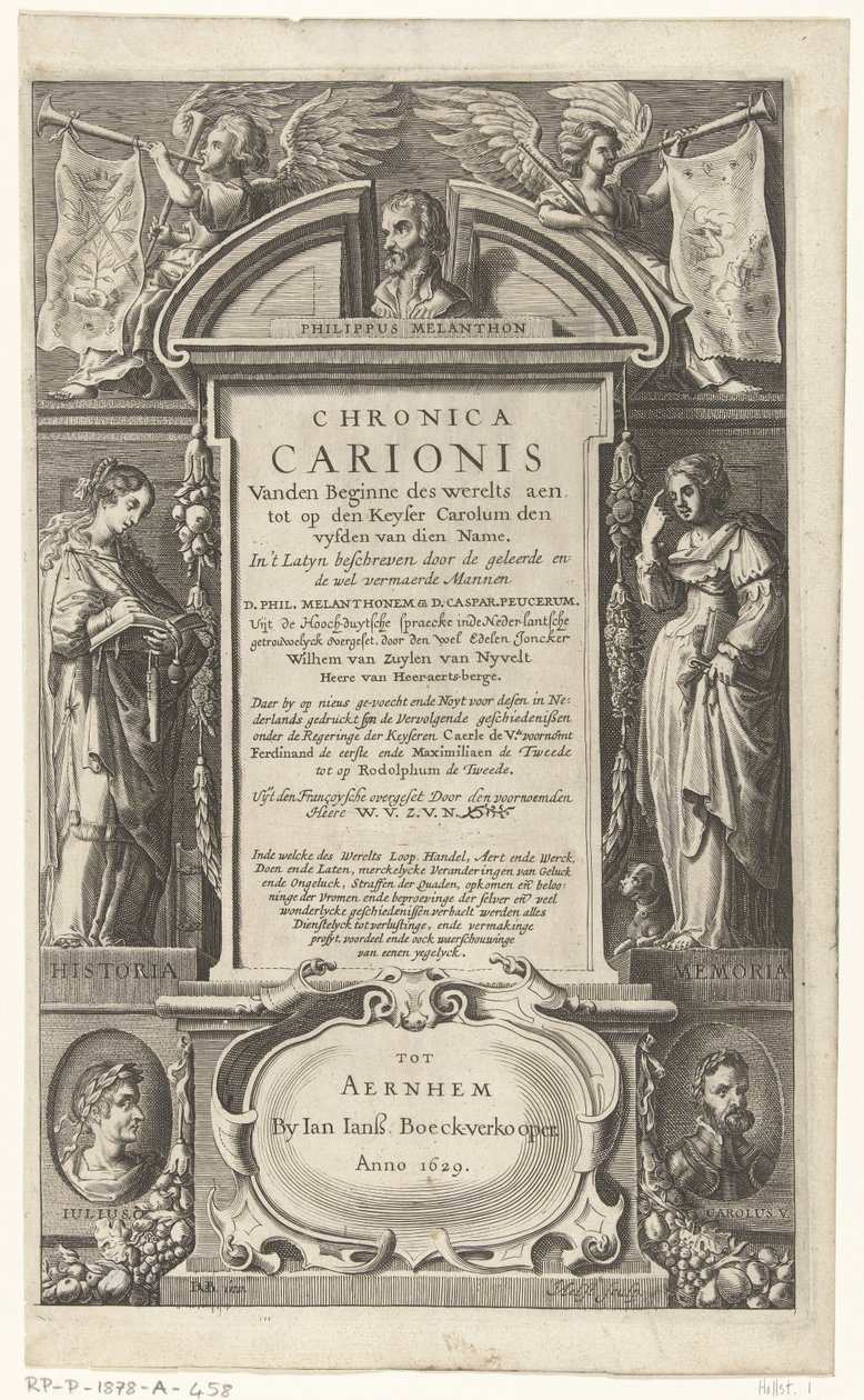 P. Melanchthon tarafından yazılan Chronica Carionis için başlık sayfası Dünyanın başlangıcından Chronica Carionis aen tot den Keyser Carolum (nesne üzerindeki başlık) by Isaeck van Aelst