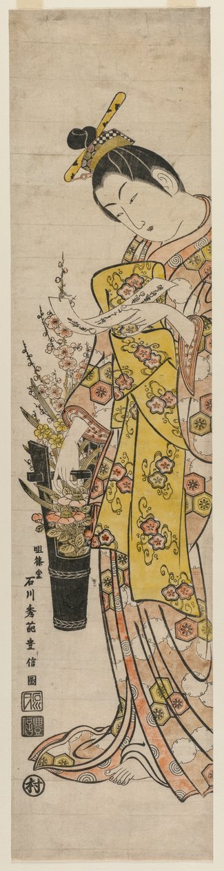Vazoda Çiçeklere Bağlanmış Bir Şiir Fişi Okuyan Fahişe by Ishikawa Toyonobu