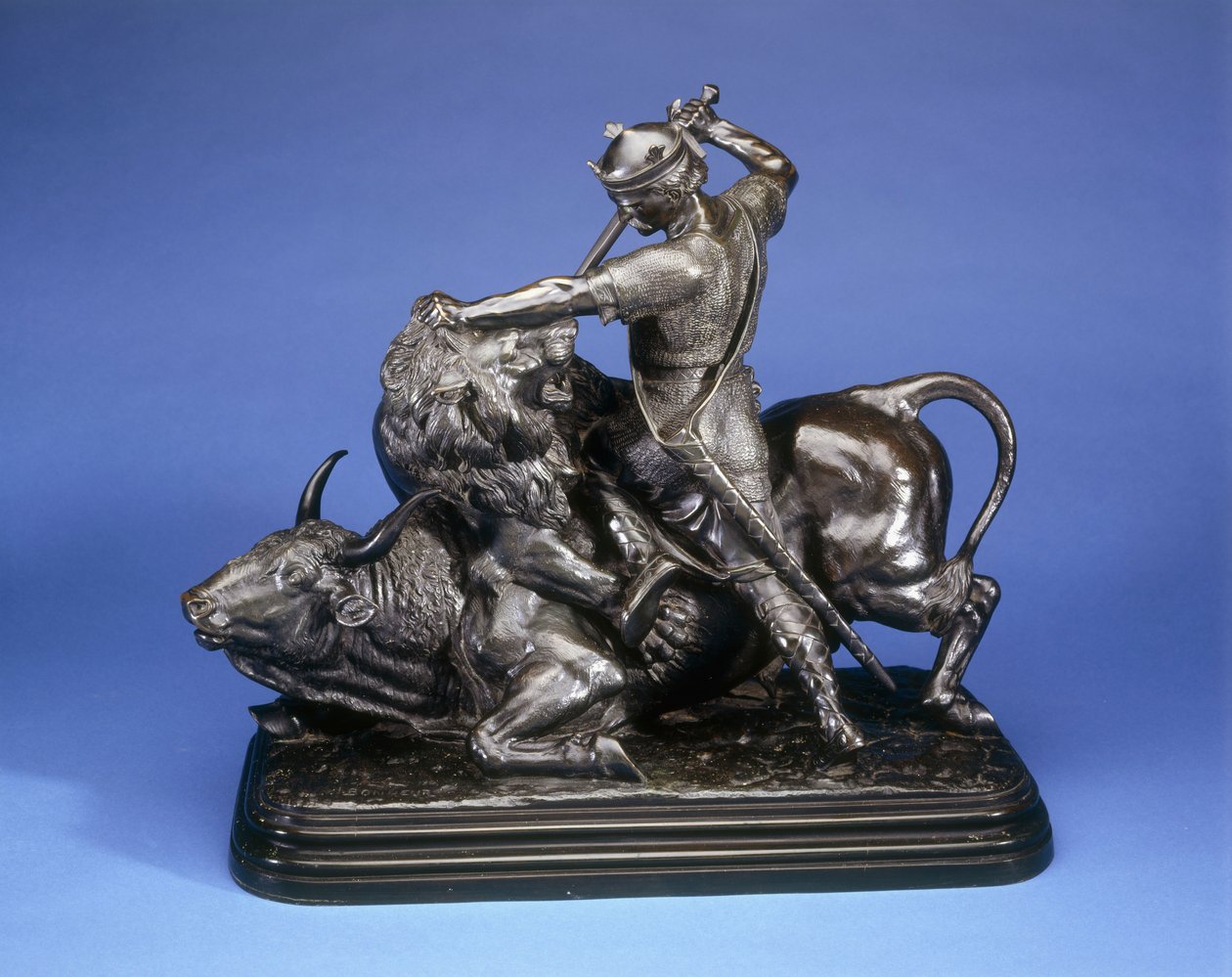Bir boğaya saldıran aslanı öldüren bir kral, 1874 dolayları (siyah patine bronz) by Isidore Jules Bonheur