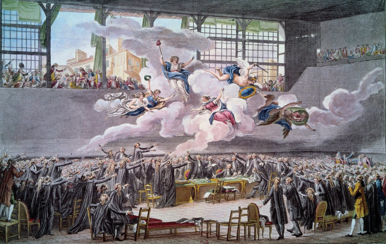 Fransız Devrimi: “” Le oath du jeu de Paume le 20 juin 1789”” Milletvekilleri, bir Anayasa düzeltilinceye kadar birbirlerinden ayrılmayacaklarına yemin ederler. Isidore Helman (1743-1809) 1789 Paris, B.N. by Isidore Stanislas Helman