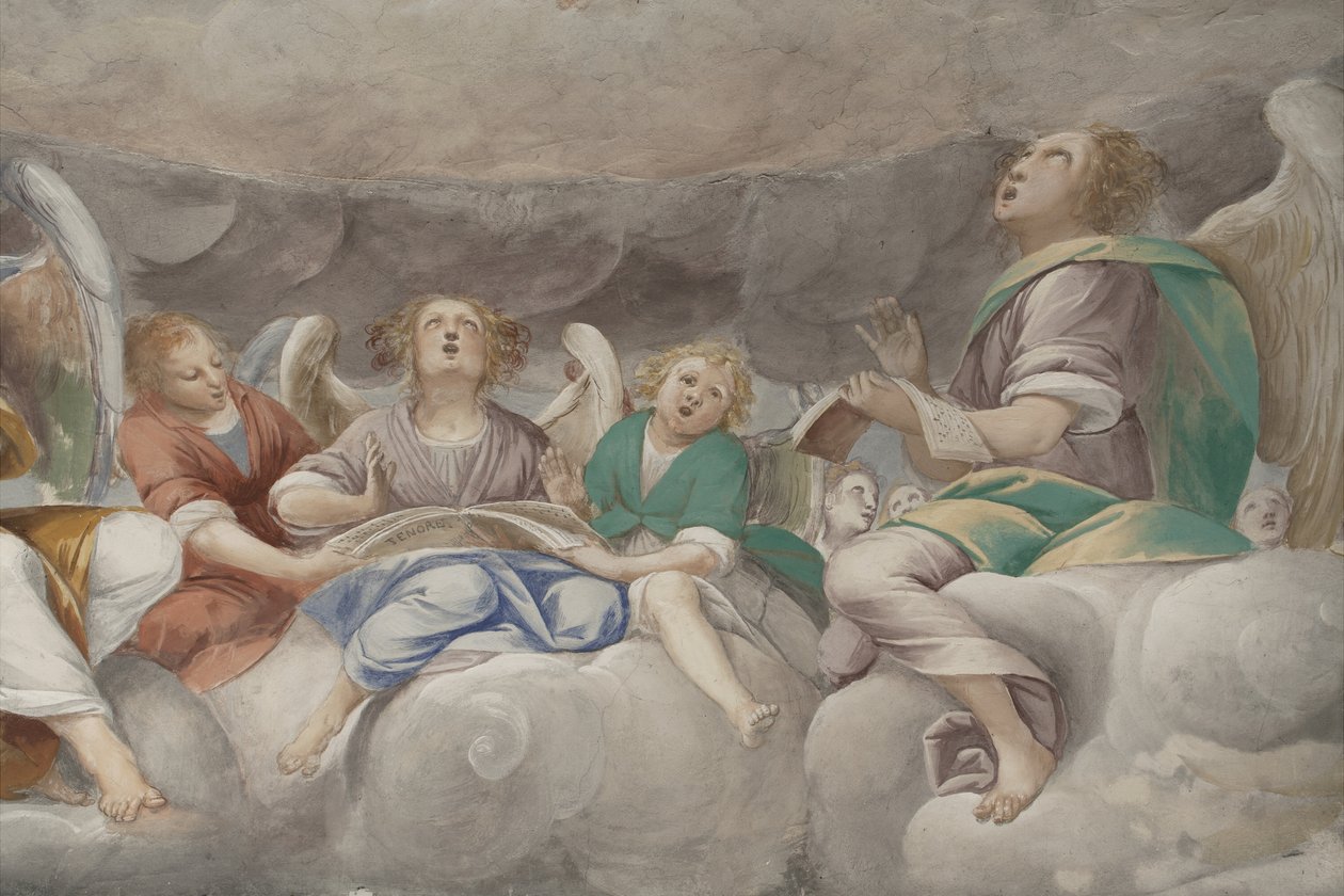 Melekler, müzisyen melekler ve puttolar, ebedi Baba ile Cennet detayı, c.1623-34 (3496185 detayı) by Isidoro Bianchi
