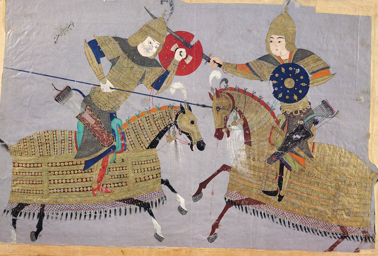 Çatışmada at sırtında iki savaşçı, Tebriz Okulu, c.1480 by Islamic School