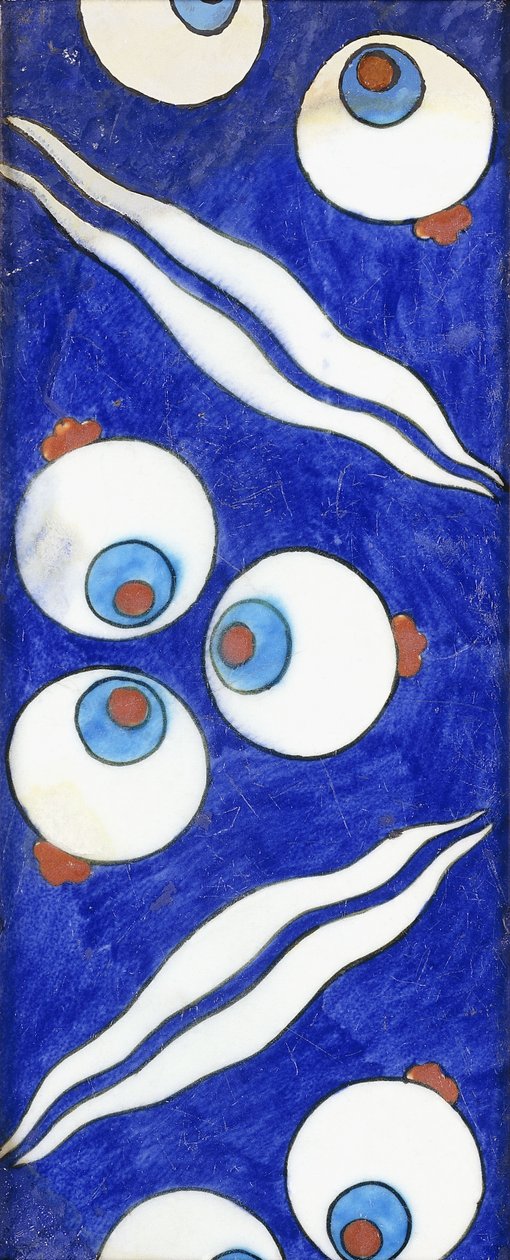 Kalın cintamani üçlü yuvarlakları ve çift dalgaları olan bir İznik çömlek bordür, c. 1570 by Islamic School
