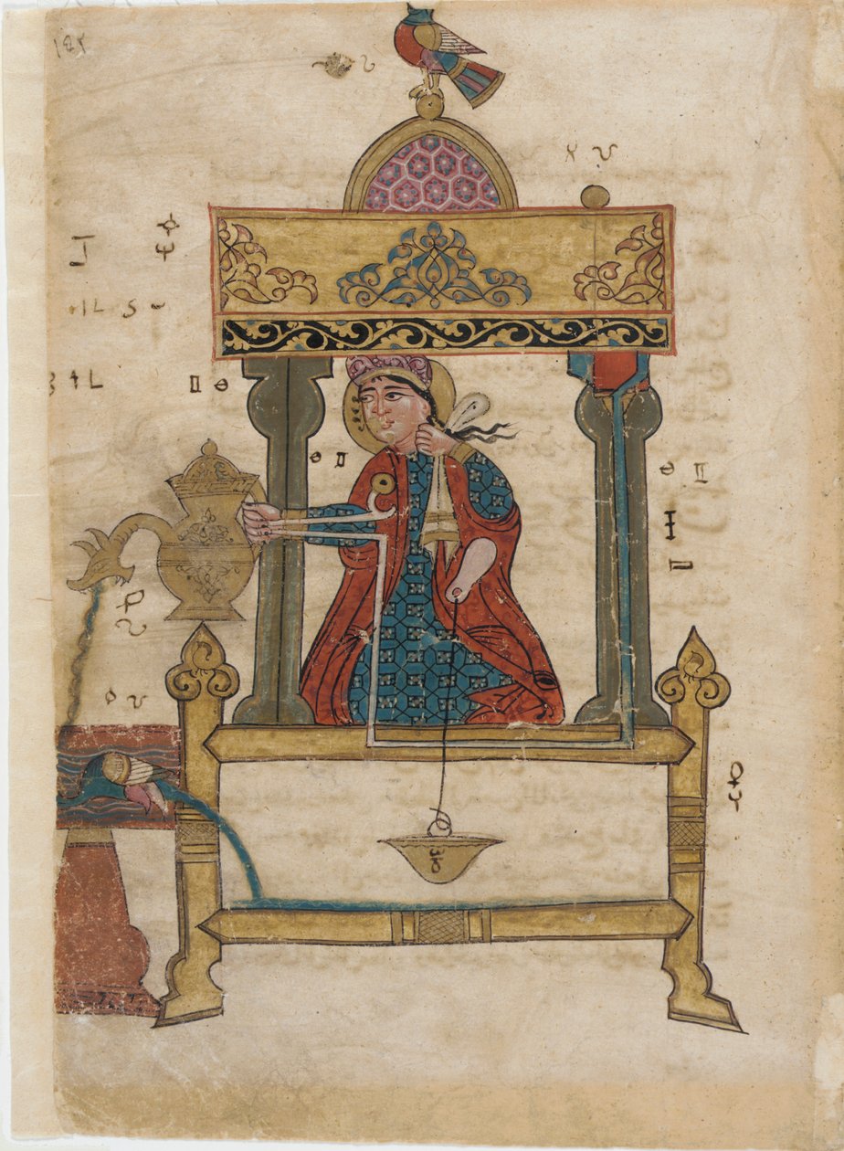 Yıkama mekanizmalı el yıkama otomatı, The Book of Ingenious Mechanical Devices; Al-Djazari, 1315 (kağıt üzerinde opak wc, mürekkep ve altın) by Islamic School