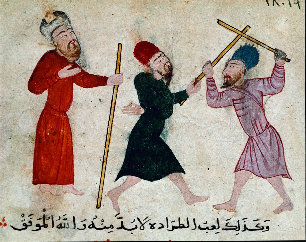 İslam Sanatı: Fatımi (10-11. yüzyıl) döneminden parşömen üzerine çizim - Çubuk oyunu - Papirüs üzerine boyama - Kahire, İslam Sanatları Müzesi by Islamic School
