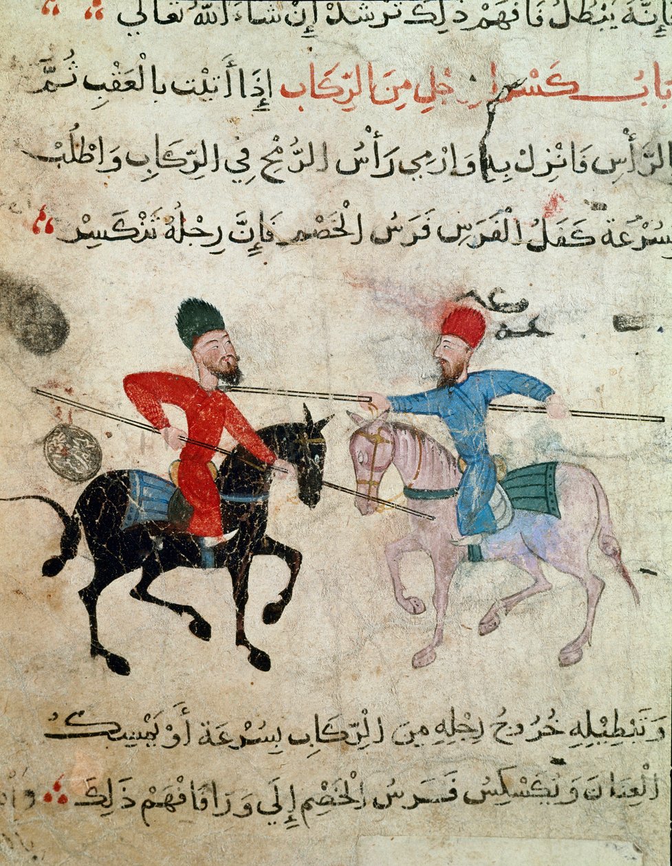 İslam Sanatı: Fatımi (10-11. yüzyıl) döneminden parşömen üzerine çizim - İki atlı arasındaki düello sahnesi - Papirüs üzerine resim - Kahire, İslam Eserleri Müzesi by Islamic School