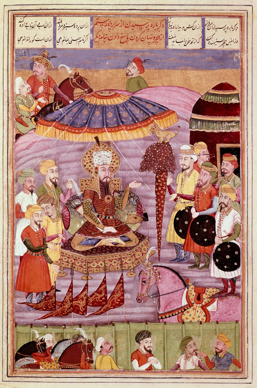 İslam Sanatı: “” Sohrab (Sahrab) Rostame çadırına bakar””” Firdevsi (Firdevsi veya Ferdawsi) tarafından yazılan “” Shahnameh” (Şahname, Şehname) (Kralların Kitabı) destansı şiirinin bir el yazmasından Farsça minyatür , veya Firdousi, yaklaşık 940-1020 civa by Islamic School
