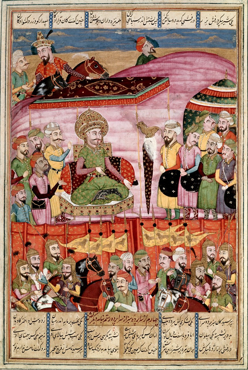 İslam Sanatı: “” Sohrab (Sahrab) Rüstem çadırında duruyor””” Firdevsi (Firdevsi veya Ferdavsi) tarafından yazılan “” Şehname” (Şahname, Şehnâme) (Krallar Kitabı) adlı epik şiirin el yazmasından Farsça minyatür , veya Firdousi, yaklaşık 940-1020 civarında)  by Islamic School