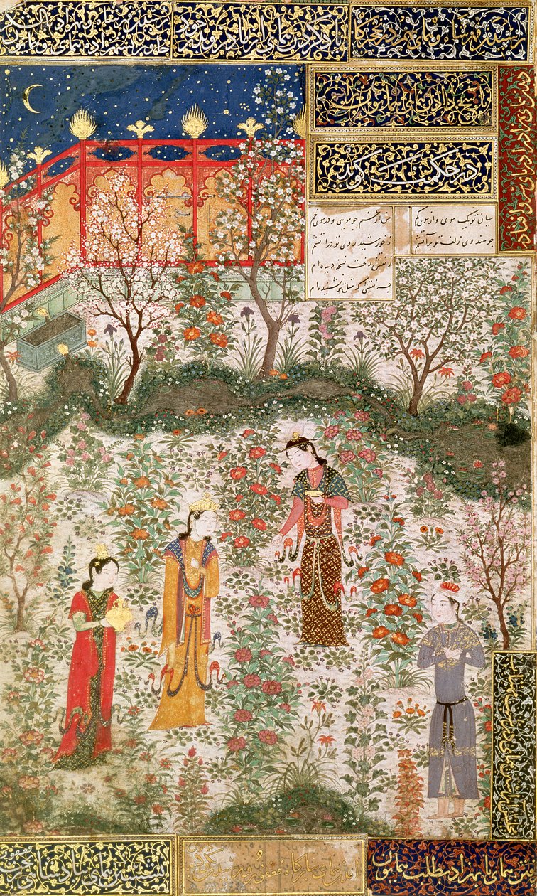 İran Prensi Humay, Çin Prensesi Hümayun ile Bahçede Buluşuyor, 1450 dolayları by Islamic School