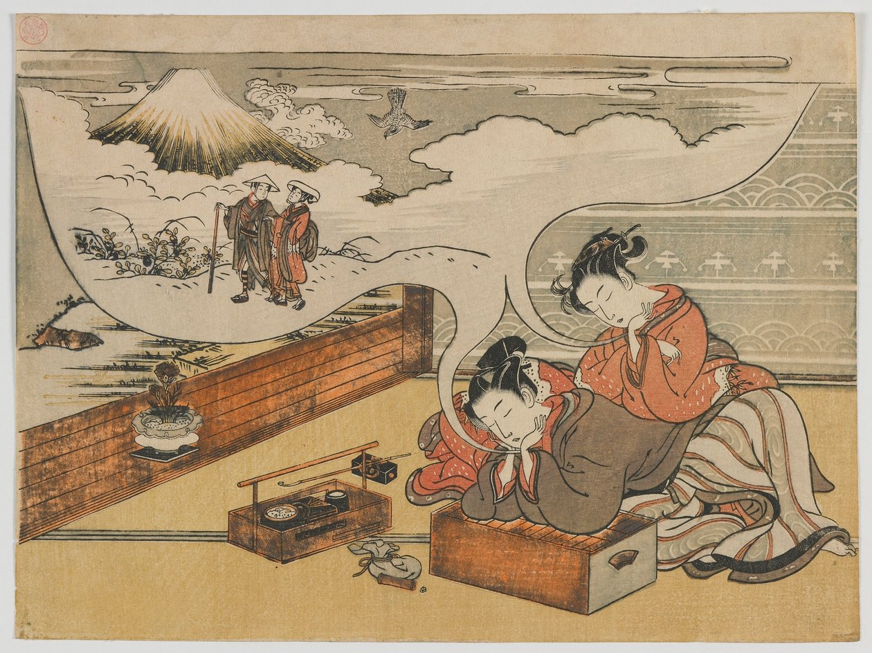 Fuji yakınlarında Yürüme Rüyası, Edo dönemi, 1770-73 (renkli tahta baskı) by Isoda Koryusai