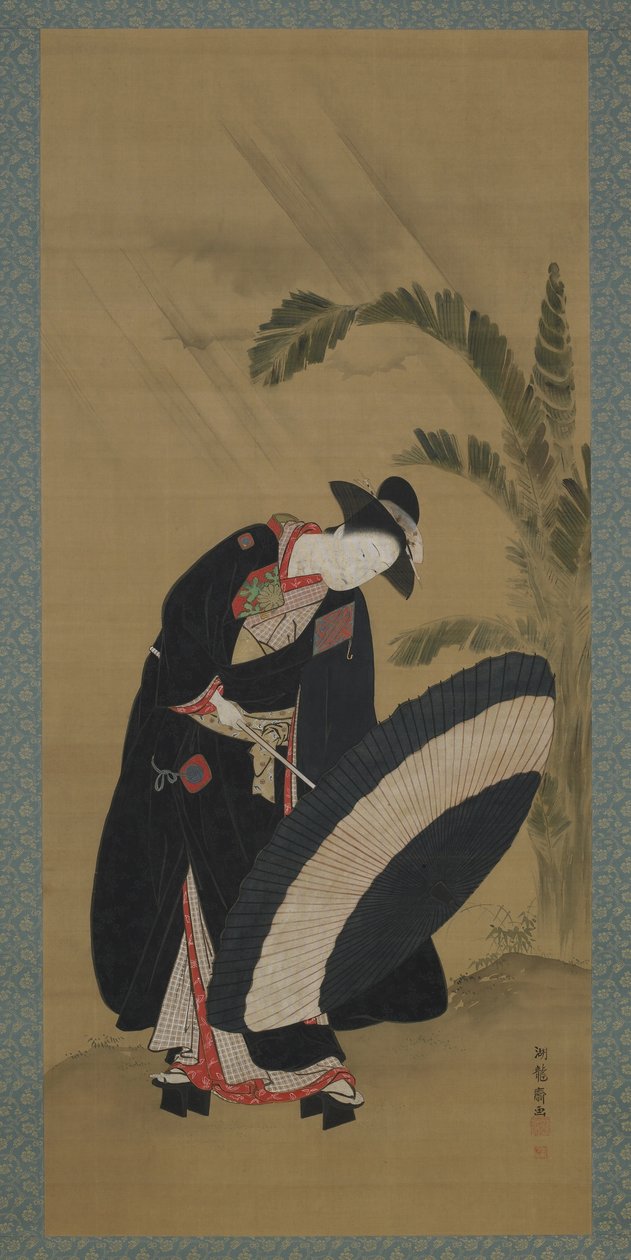 Yaz: Şemsiye takan genç bir kadın, Edo dönemi, c.1772-80 (ipek üzerine renk ve altın) by Isoda Koryusai