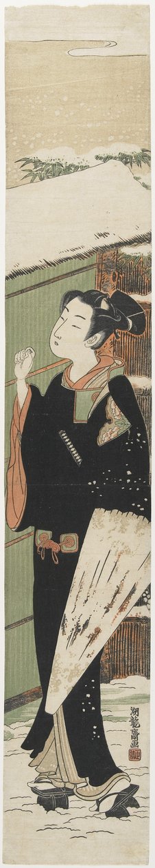Kapıdaki Genç Adam, Kabuki Play Kadın Versiyonu Saksı Ağacının Mitatı olarak, 1770-1775 by Isoda Koryusai