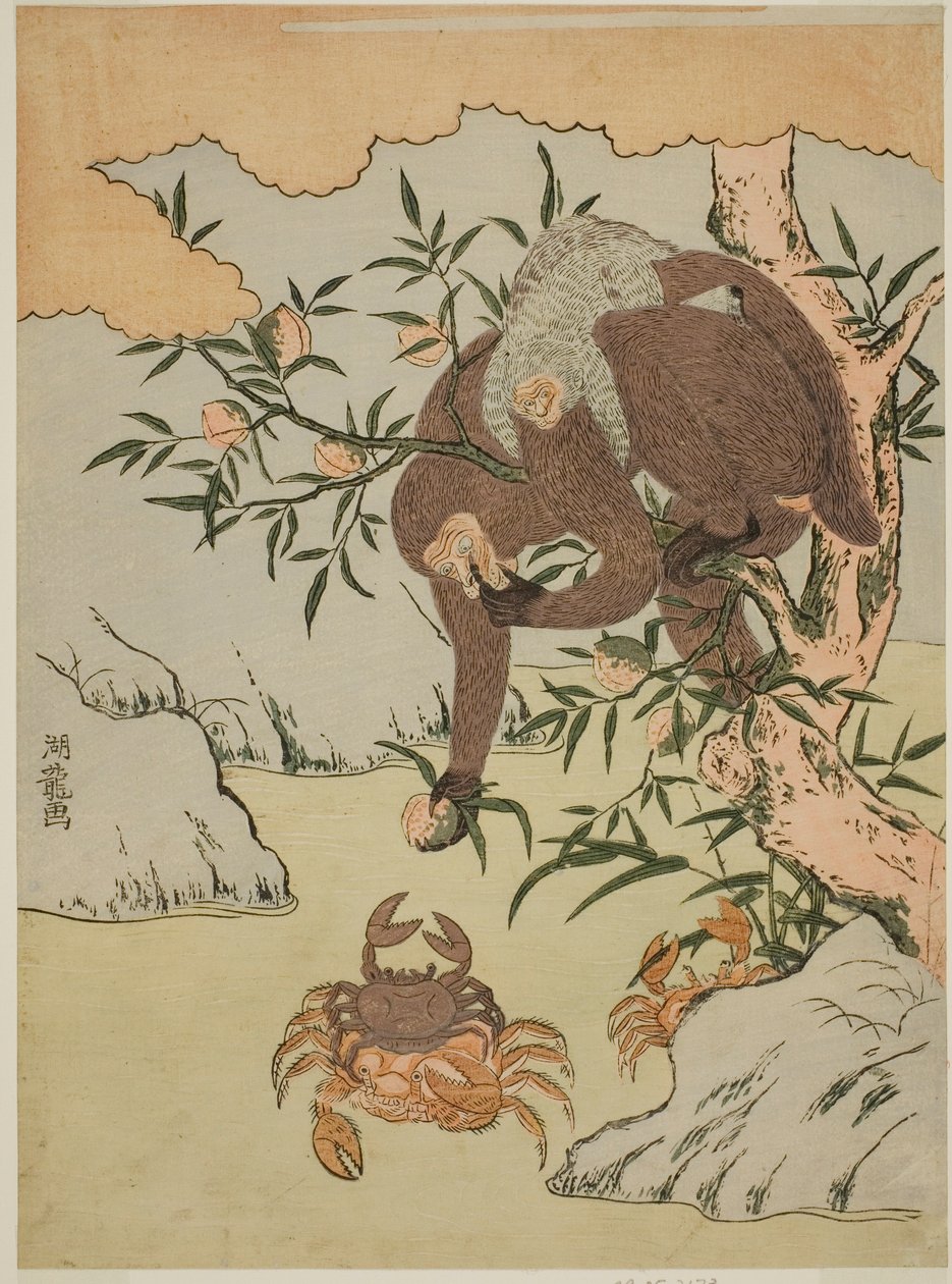 Yengeçlerle oynayan maymun by Isoda Koryusai