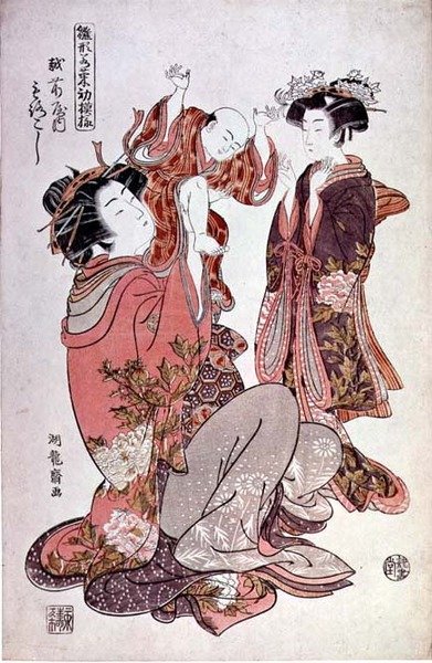 Echizanlı Fahişe Morokoshi, çocuk ve refakatçi, c.1775 (renkli tahta baskı) by Isoda Koryusai