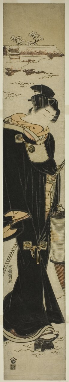 Fenerli genç adam karda yürüyor by Isoda Koryusai
