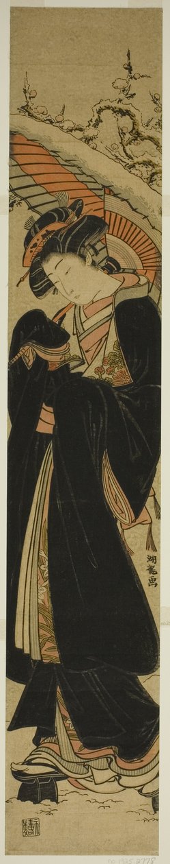 Karda yürüyen şemsiyeli genç kadın by Isoda Koryusai
