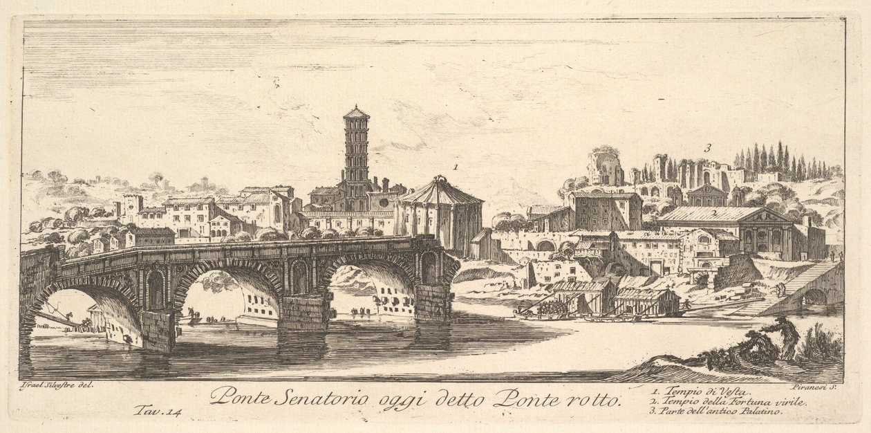 Bugün Ponte Rotto (Kırık Köprü) olarak adlandırılan Senato Köprüsü, c.1748 (gravür) by Israël Silvestre