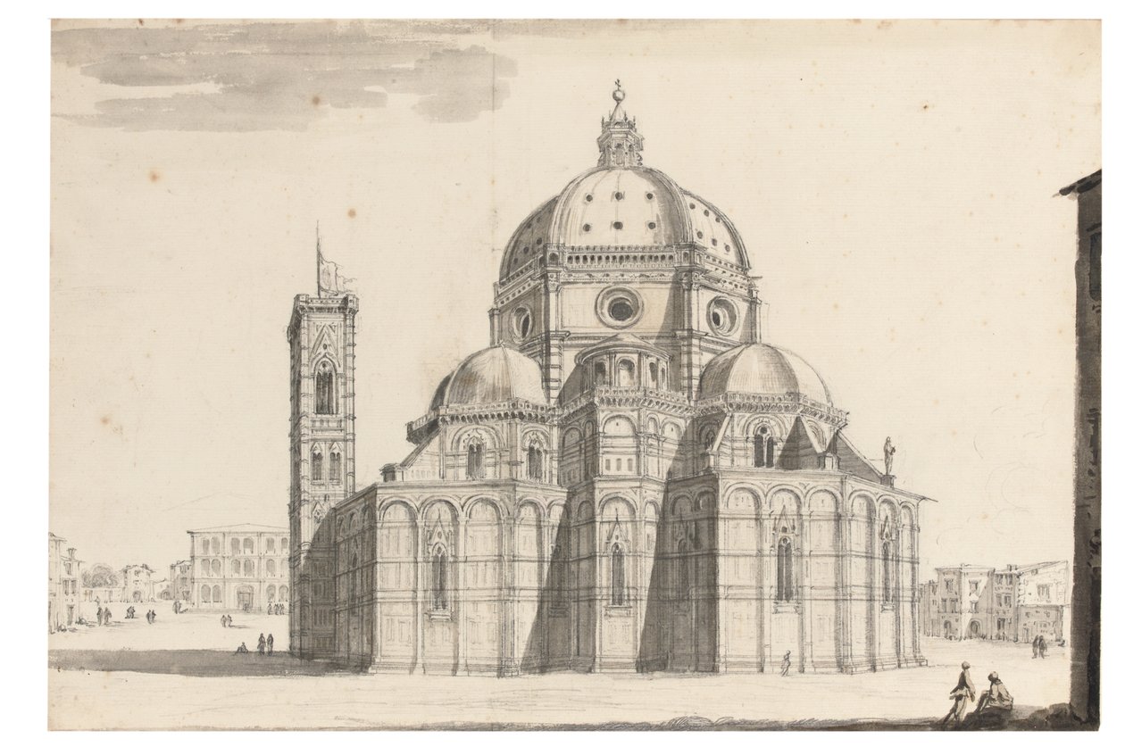 Duomo ve Campanile, Floransa (siyah tebeşir, tükenmez kalem ve gri mürekkep, filigran cihazı ile kağıt üzerinde kahverengi ve gri yıkama) by Israel the Younger Silvestre