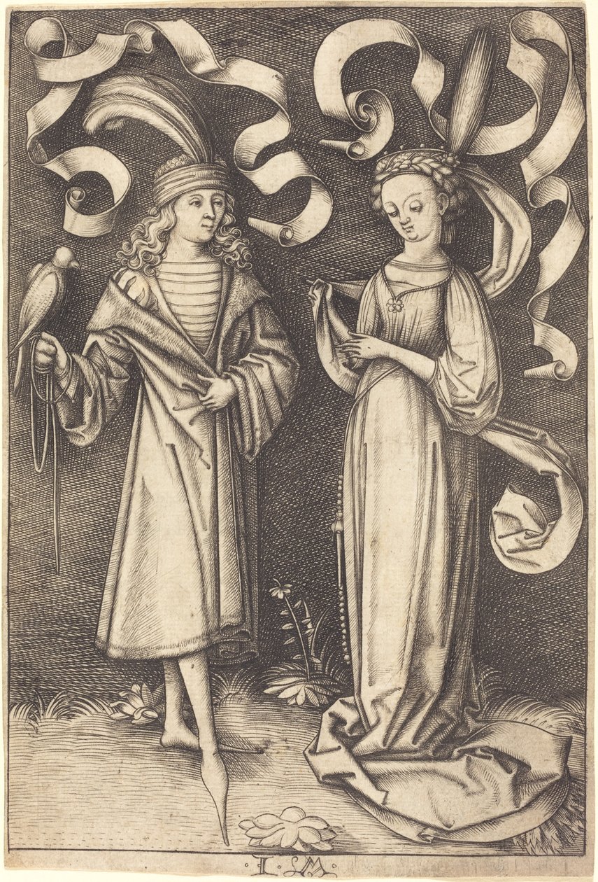 Falconer ve Noble Lady, c. 14951503. by Israhel van Meckenem