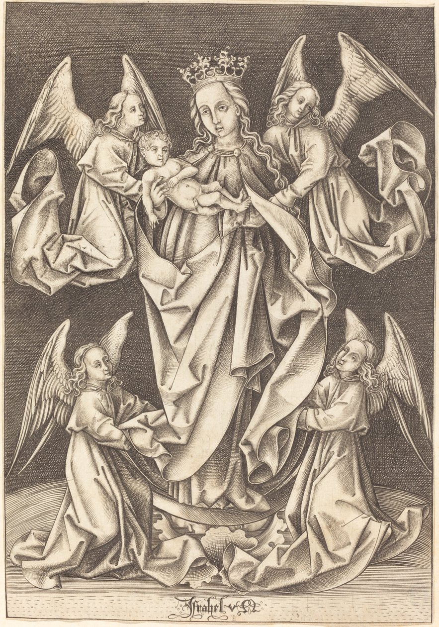Dört Melek Tarafından Desteklenen Hilaldeki Madonna ve Çocuk by Israhel van Meckenem